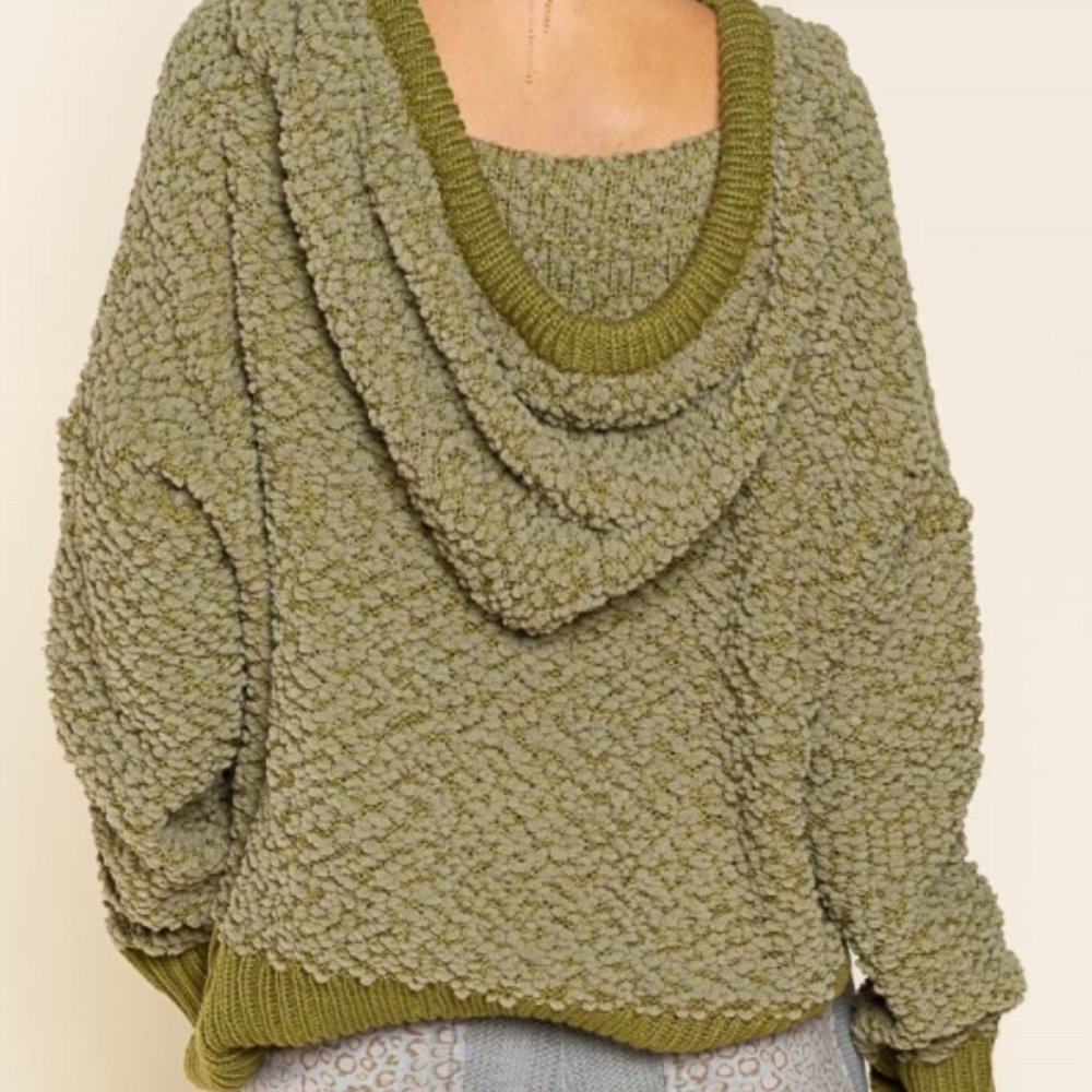 Soft Popcorn Knit Oversized Hoodie-Olive Green - Picture 4 of 10